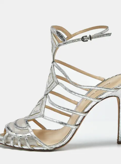 Alexandre Birman Silver Snakeskin Embossed Leather Caged Ankle Wrap Sandals Size 41