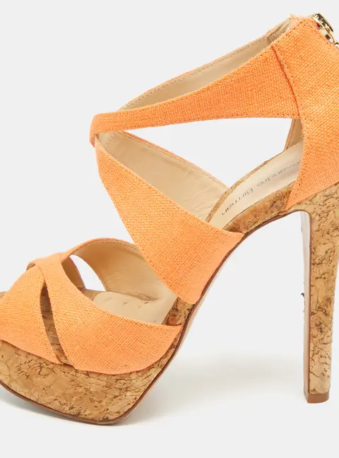 Alexandre Birman Size 37 Orange Canvas Cork Platform Ankle Strap Sandals