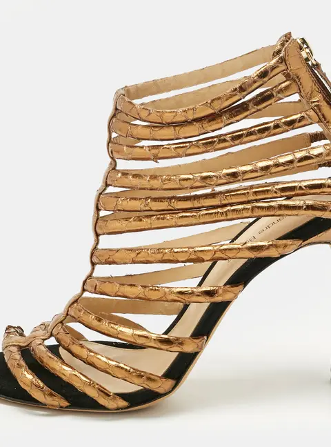 Alexandre Birman Gold Python Embossed Leather Caged Zipper Sandals Size 40