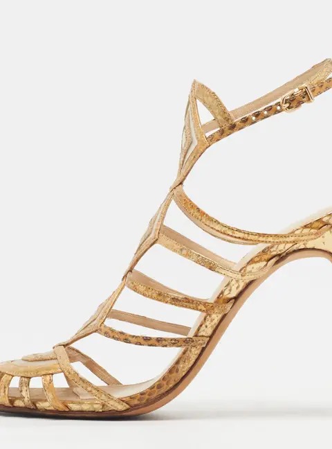 Alexandre Birman Size 37.5 Gold Snakeskin Embossed Leather Ankle Strap Sandals