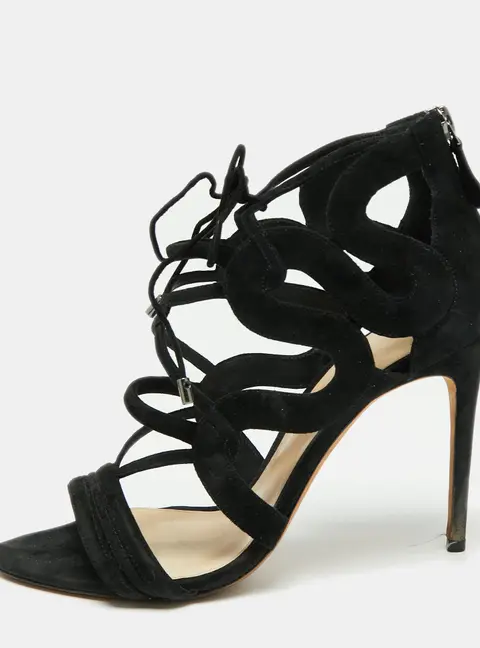 Alexandre Birman Black Suede Elenara Ankle Strappy Tie Up Sandals Size 39.5