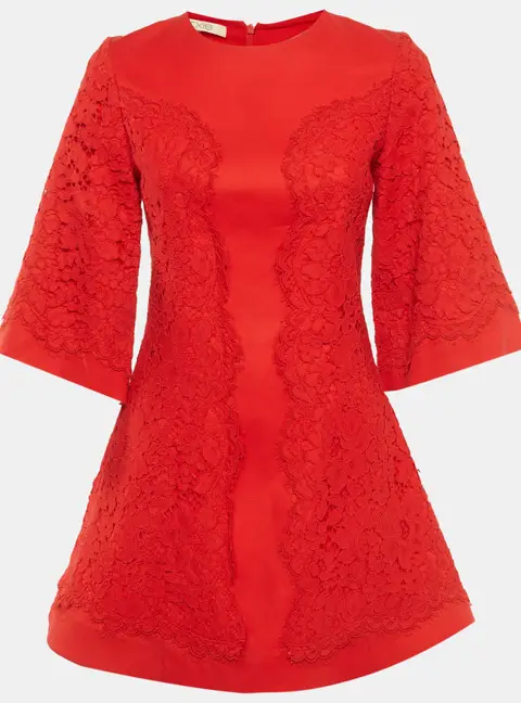 Alexis Red Crepe Guipure Lace Detail Mini Dress S