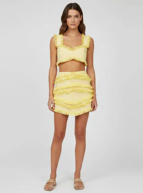 Alexis Yellow Raffia Fringed Crop Top and Mini Skirt Set S/XS