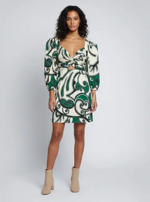 Alexis Green/Cream Printed Stretch Cotton Puff Sleeve Lana Mini Dress S