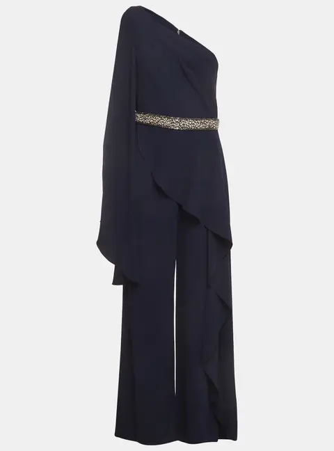 Alice + Olivia Navy Blue Crystal Embellished Crepe Venita Jumpsuit M