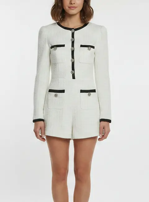 Alice + Olivia White Tweed Long Sleeve Playsuit S