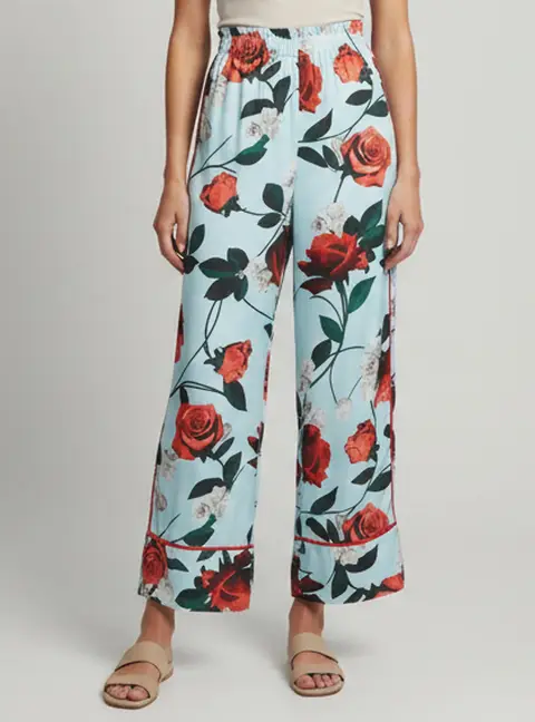 Alice + Olivia Blue Floral Print Satin Wide Leg Elba Pants L