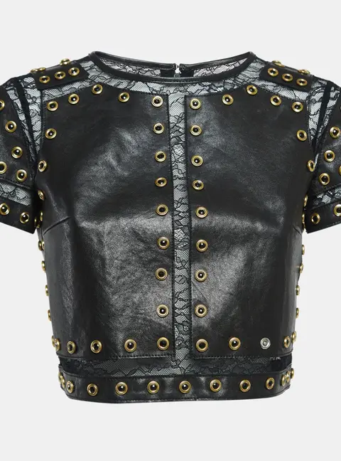 Alice + Olivia Black Lace Trim Leather Studded Crop Top XS