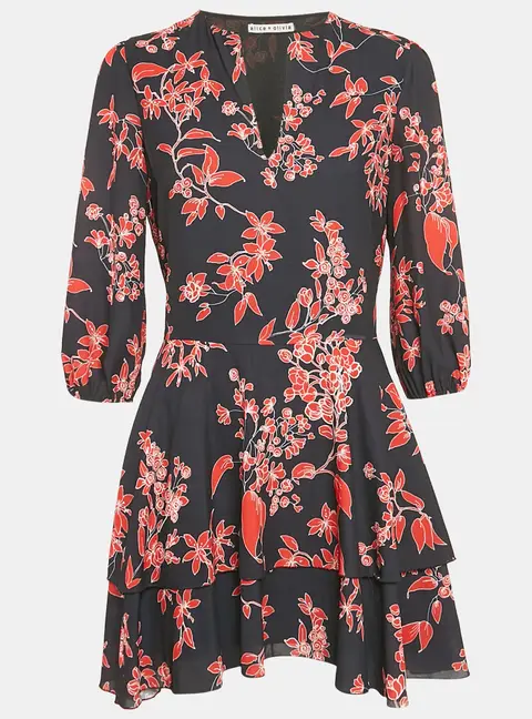 Alice + Olivia Black Floral Print Chiffon Short Dress M