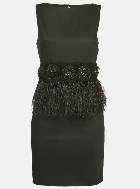 Alice + Olivia Black Feather Trim Crepe Marigay Rosette Peplum Dress S