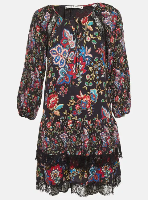 Alice + Olivia Black Floral Print Crepe & Lace Tiered Dress M
