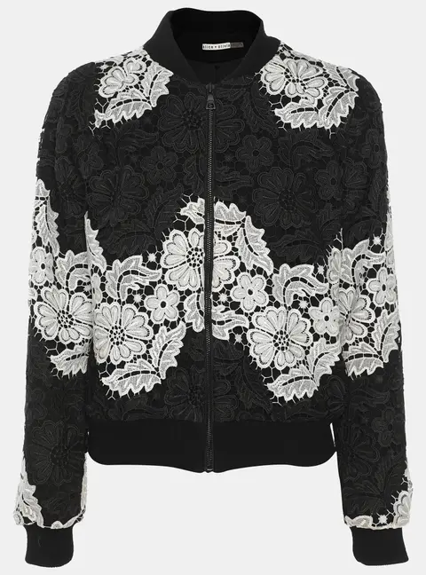 Alice + Olivia Black/White Floral Lace Bomber Jacket XS