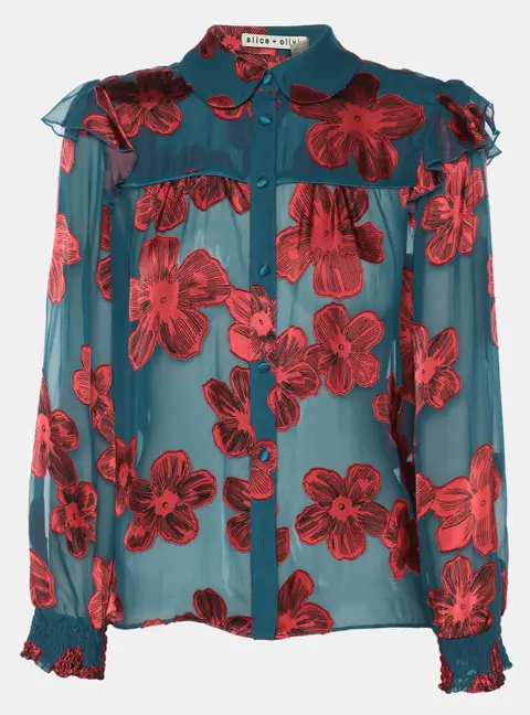 Alice + Olivia Teal/Red Chiffon Floral Print Ziggy Ruffle Long Sleeve Blouse S