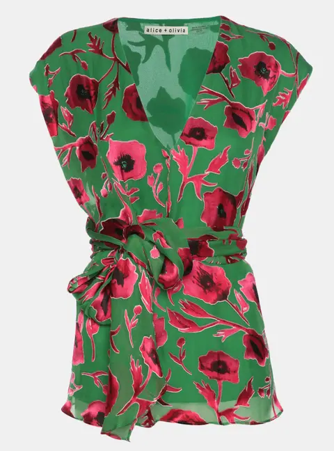 Alice + Olivia Green/Pink Poppy Print Silk Blend Essie Wrap Top XS