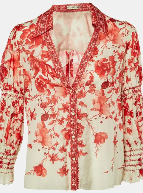 Alice + Olivia Red Printed Cotton & Silk Button Front Blouse M