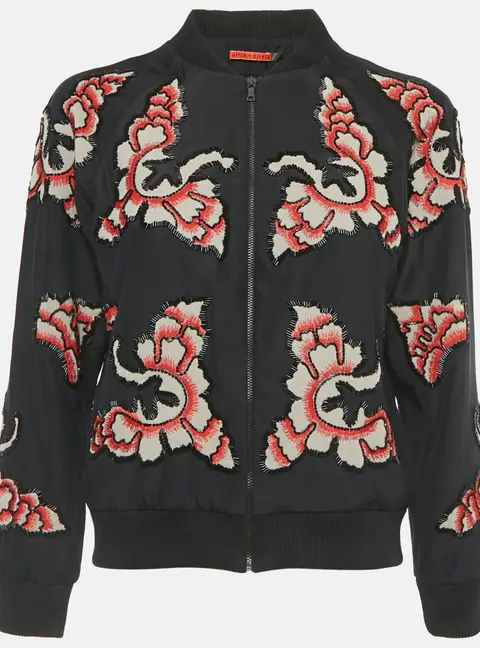 Alice + Olivia Black Embellished Silk Zip-Up Bomber Jacket XS