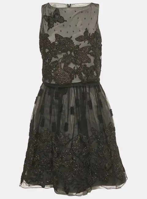 Alice + Olivia Black Embroidered Embellished Mesh Top & Skirt Set S