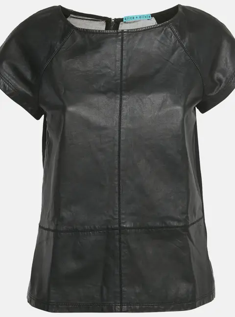 Alice + Olivia Black Leather and Chiffon Top M