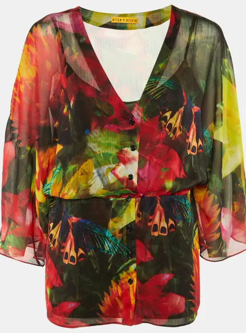 Alice + Olivia Multicolor Floral Butterfly Print Crepe Top M