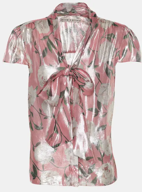 Alice + Olivia Metallic Pink Flora Print Lurex Knit Neck Tie Top M