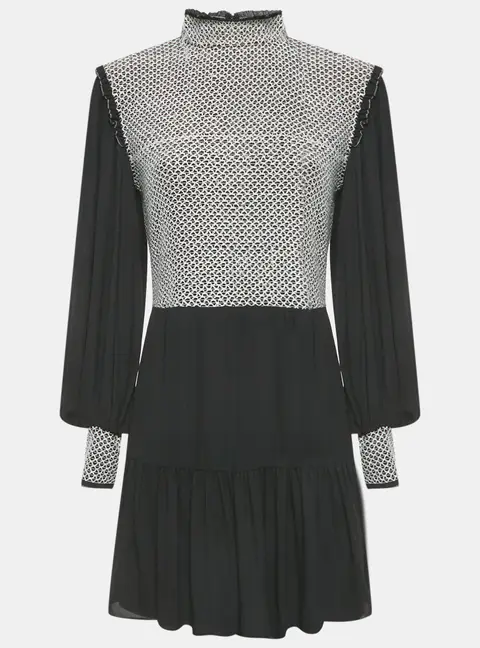 Alice + Olivia Black Embroidered Detail Crepe Elvira Tiered Mini Dress M