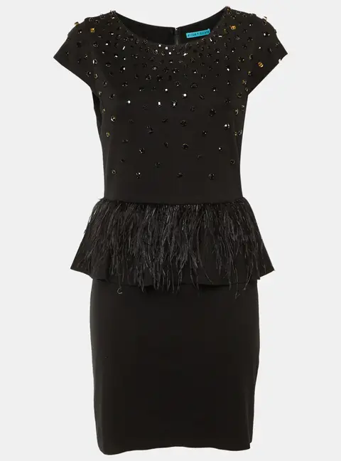 Alice + Olivia Black Embellished Jersey Feather Detail Peplum Mini Dress M