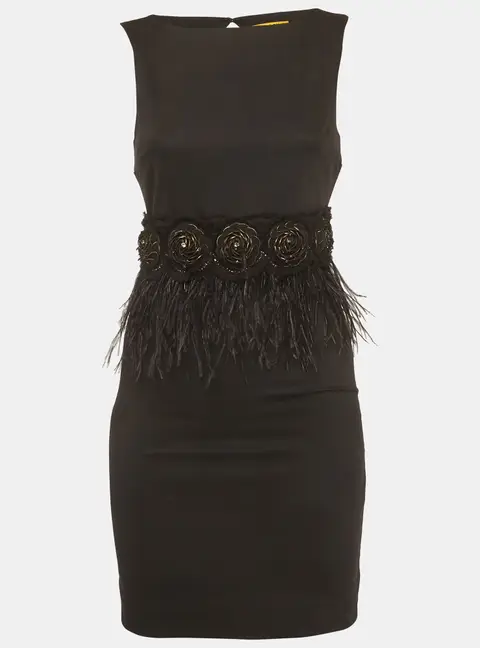 Alice + Olivia Black Feather Trim Crepe Marigay Rosette Mini Dress XS