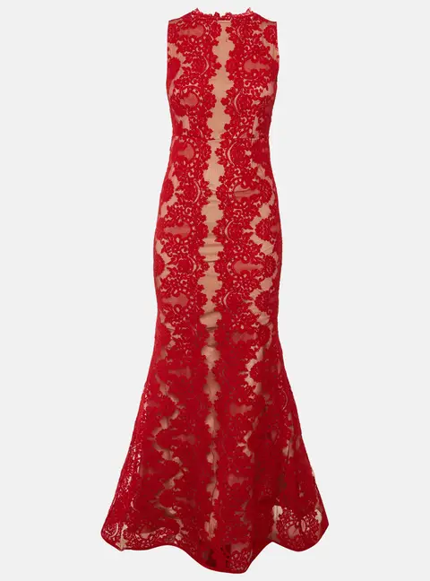 Alice + Olivia Red Floral Lace Sleeveless Gown M