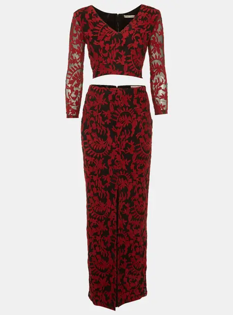 Alice + Olivia Black/Red Tulle Embroidered Top and Skirt Set S