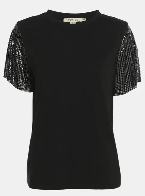 Alice + Olivia Black Jersey Metal Mesh Sleeve Top  S