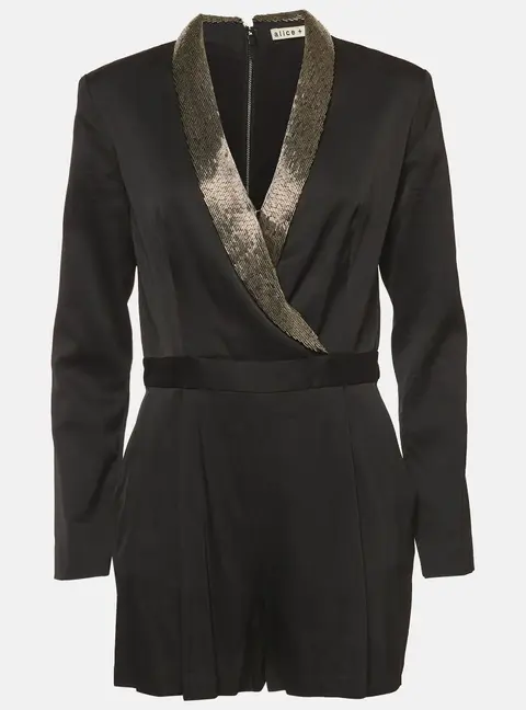 Alice + Olivia Black Stretch Satin Beaded Collar Kyrie Tuxedo Romper M