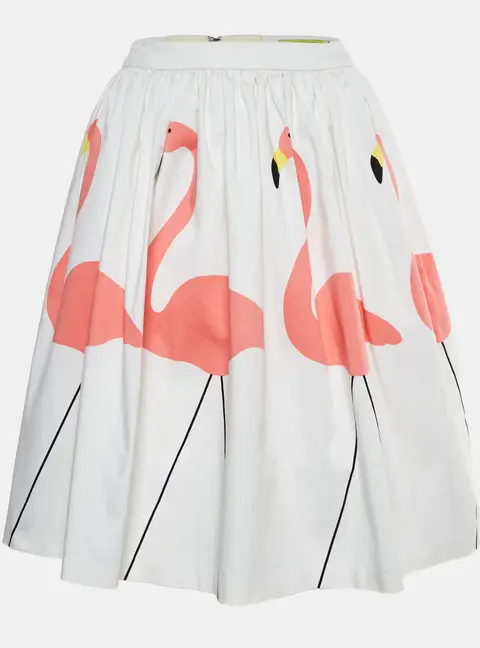 Alice + Olivia White  Flamingo Print Stretch Cotton Flared Hale Mini Skirt XS
