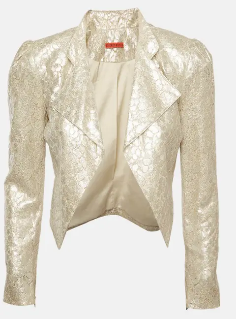 Alice + Olivia Cream Metallic Lace Open Front Crop Jacket M