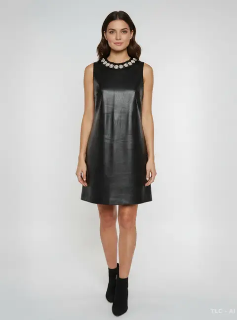 Alice + Olivia Black Leather Pearl Embellished Coley Mini Dress M