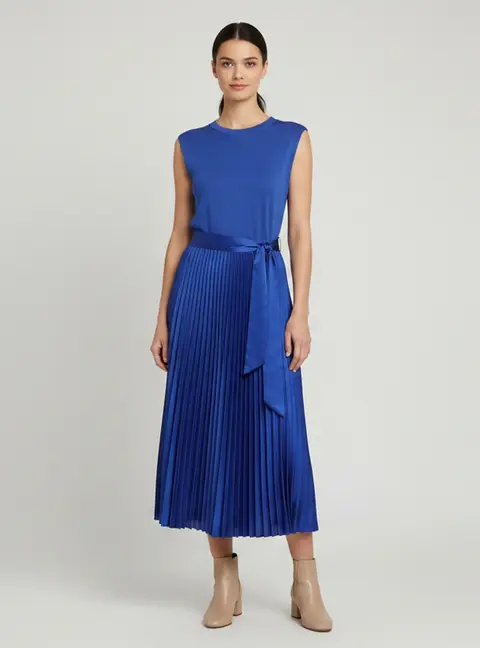Alice + Olivia Blue Pleated Satin and Jersey Chara Sleeveless Maxi Dress L