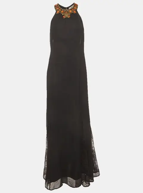 Alice + Olivia Black Embellished Chiffon & Lace Halter Neck Long Dress S