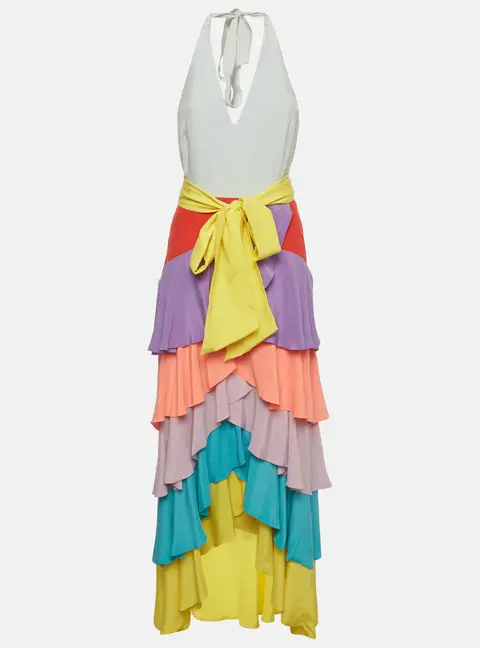 Alice Olivia Multicolor Crepe Halter Neck Ruffle Maxi Dress M