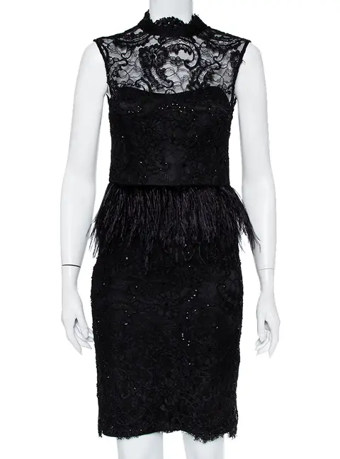 Alice + Olivia Black Embellished Lace & Feather Trim Patricia Peplum Dress S