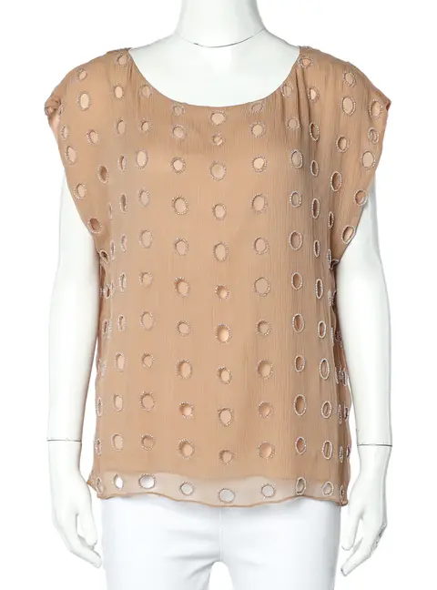 Alice + Olivia Beige Silk Bead Embellished Sleeveless Top L