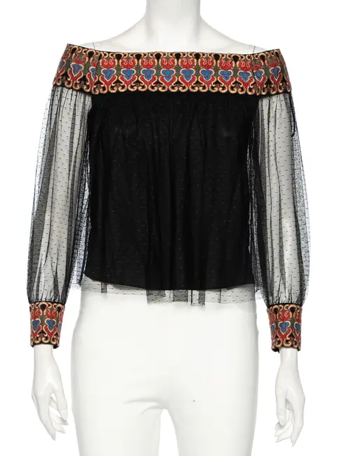 Alice + Olivia Black Embroidered Tulle Off-Shoulder Blouse XS