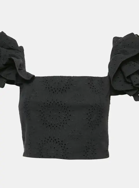 Alice + Olivia Black Broderie-Anglaise Tawny Ruffled Crop Top S