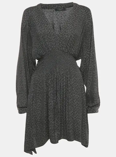 All Saints Grey Nichola Leopard Print Crepe Mini Dress M