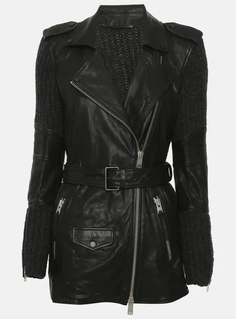 All Saints Black/Grey Rib Knit and Leather Belted Jacket L