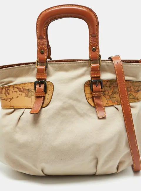 Alviero Martini 1A Classe Beige/Brown Geo Print Coated Canvas,Canvas and Leather Satchel