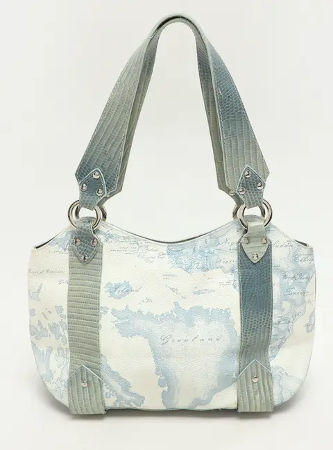 Alviero Martini 1A Classe Blue Coated Canvas and Lizard Embossed Leather Shoulder Bags