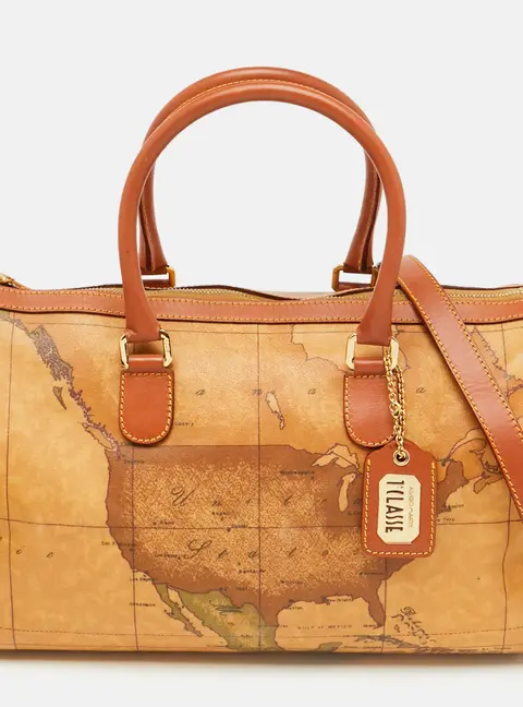 Alviero Martini 1A Classe Tan Geo Classic Print Coated Canvas and Leather Boston Bag