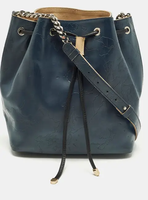 Alviero Martini 1A Classe Navy Blue Geo Embossed Leather Drawstring Bucket Bag