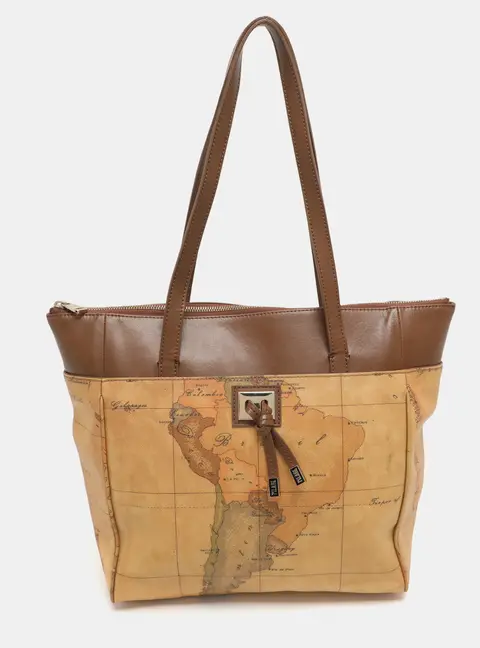 Alviero Martini 1A Classe Tan/Brown Geo Print Coated Canvas and Leather Tote