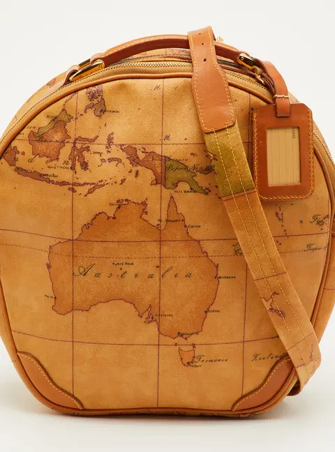 Alviero Martini 1A Classe Geo Tan Coated Canvas and Leather Round Crossbody Bag