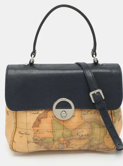 Alviero Martini 1A Classe Tan Geo Print Coated Canvas and Lizard Embossed Leather Top Handle Bag